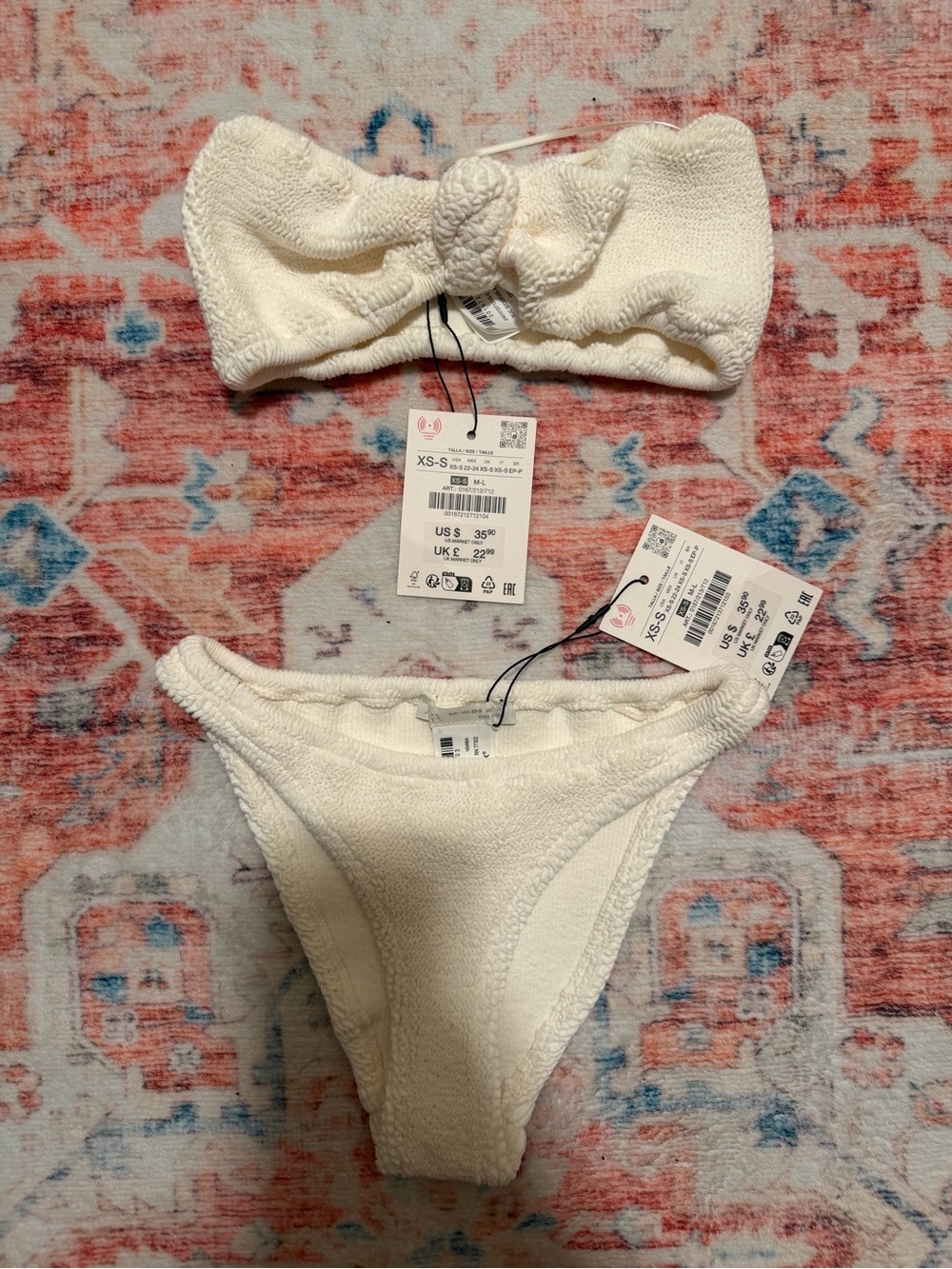 Zara Textured Cream Bandeau Bikini Set Size XS